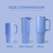 Three blue travel mugs of different sizes on a light blue background with size labels.