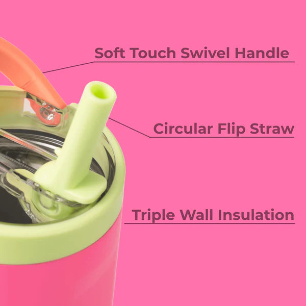 Pink tumbler with green lid and orange straw on a pink background, labeled with features.