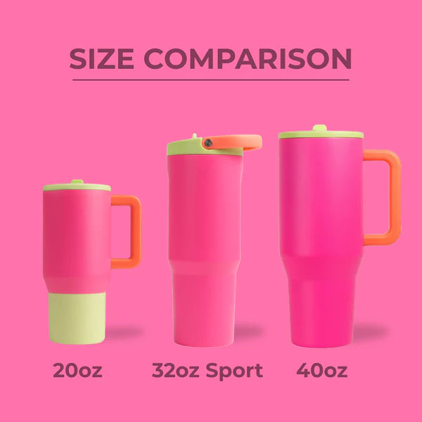 Comparison of three pink travel mugs with different sizes on a pink background