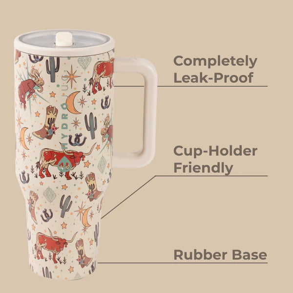 Tumbler with western design on a beige background, featuring text about its features.