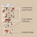 Tumbler with western design on a beige background, featuring text about its features.