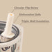 Circular flip straw with text indicating dishwasher safety and triple wall insulation on a beige background
