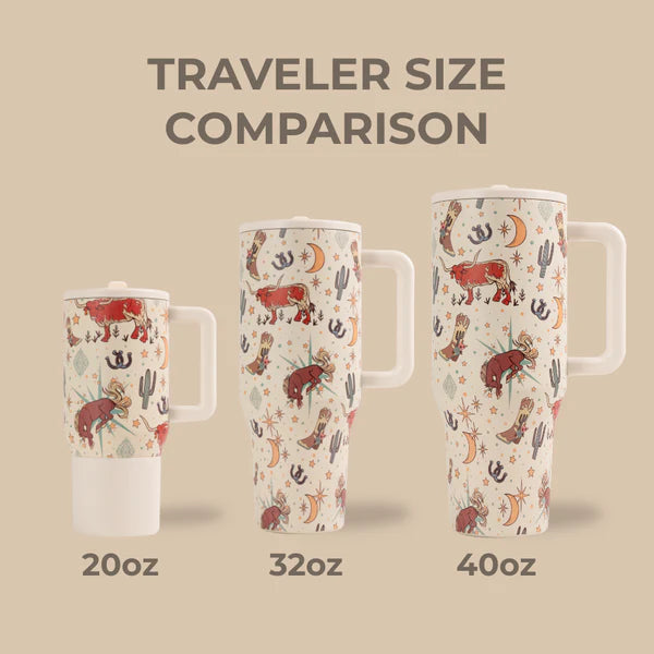 Three travel mugs of different sizes with a pattern on a beige background, labeled 'Traveler Size Comparison'.