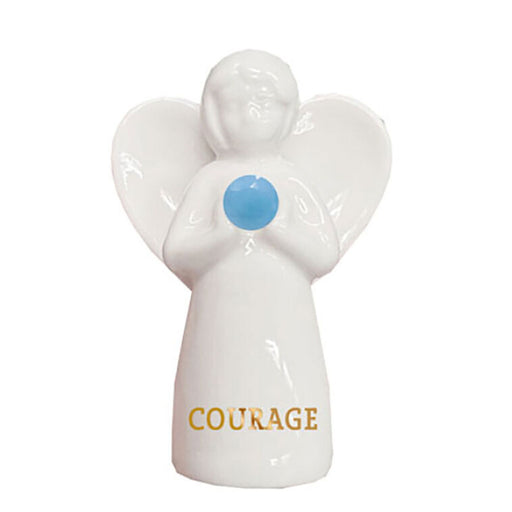 White angel figurine with a blue breast and 'COURAGE' text on a white background