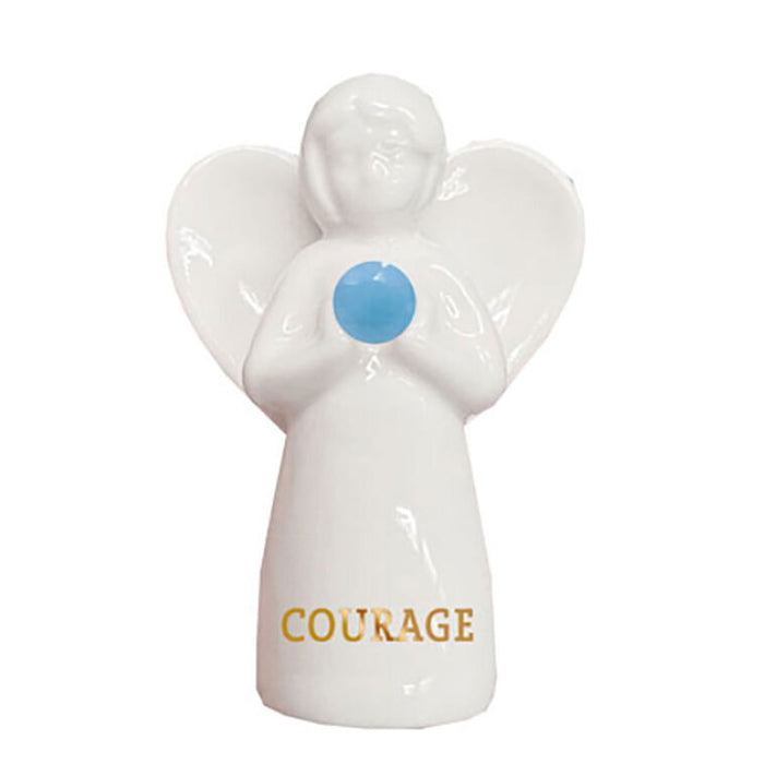 White angel figurine with a blue breast and 'COURAGE' text on a white background
