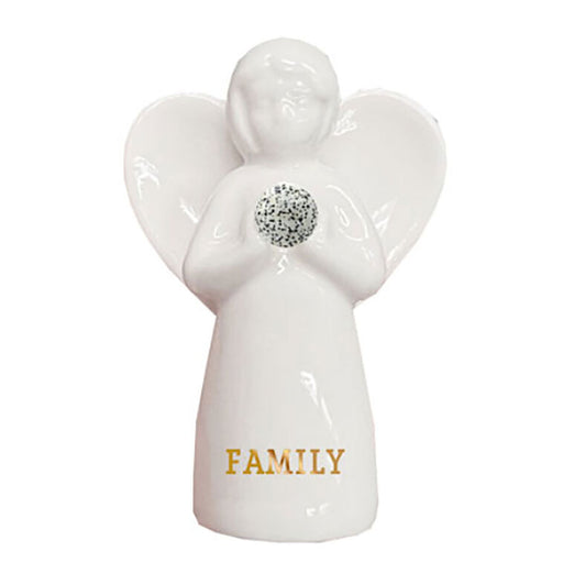 White ceramic angel figurine with 'FAMILY' text and decorative elements on a white background