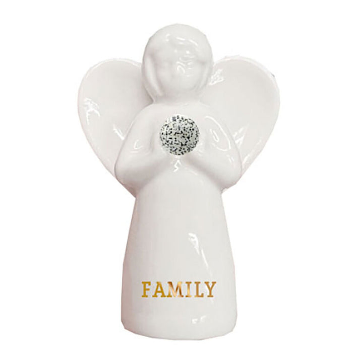 White ceramic angel figurine with 'FAMILY' text and decorative elements on a white background