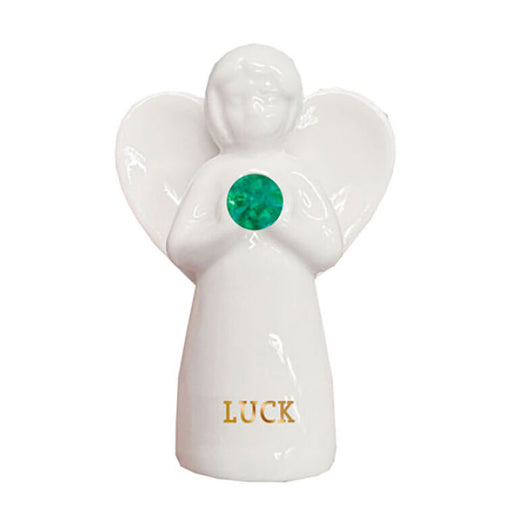 White angel figurine with a green gem and 'LUCK' text on a white background