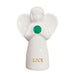 White angel figurine with a green gem and 'LUCK' text on a white background