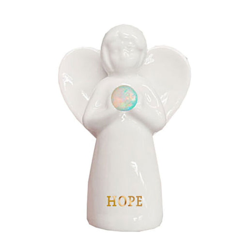 White ceramic angel figurine with 'HOPE' on its chest and a glowing orb, on a white background