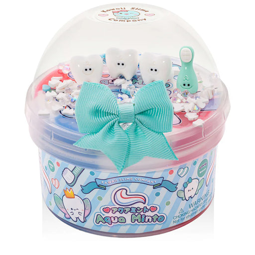 Slime container with toys and a bow on a white background