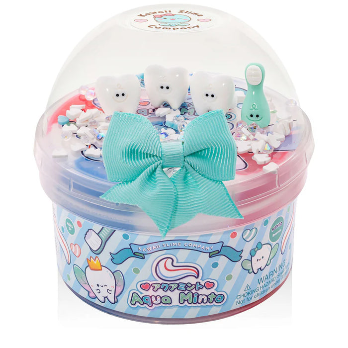 Slime container with toys and a bow on a white background