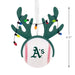 An Oakland Athletics Christmas ornament shaped like a baseball with green antlers and hanging multicolor Christmas lights, shown on a white background with a 4.5-inch height measurement marker.