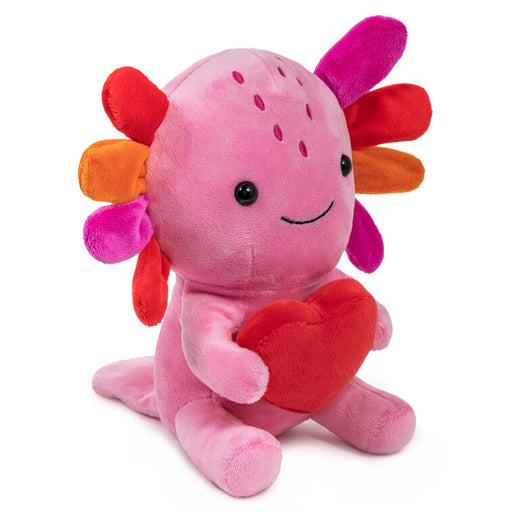 Pink plush axolotl toy with colorful flower-like appendages and a red heart on a white background