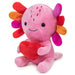 Pink plush axolotl toy with colorful arms holding a red heart on a white background