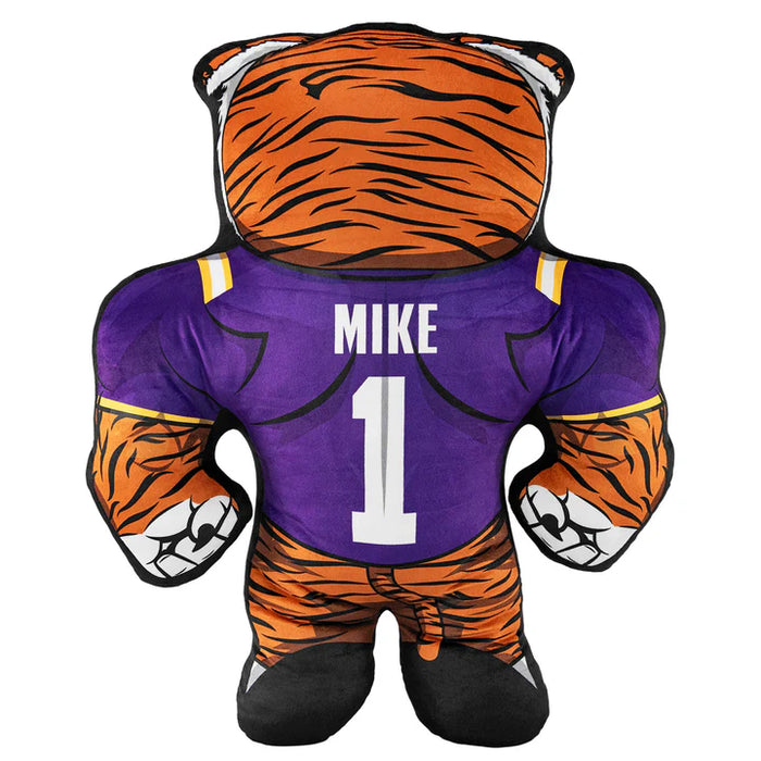 Plush toy with tiger design wearing a purple jersey with 'MIKE' and number '1'
