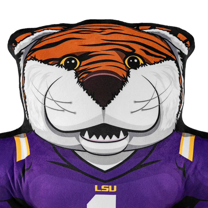 LSU tiger head pillow with purple jersey on a white background