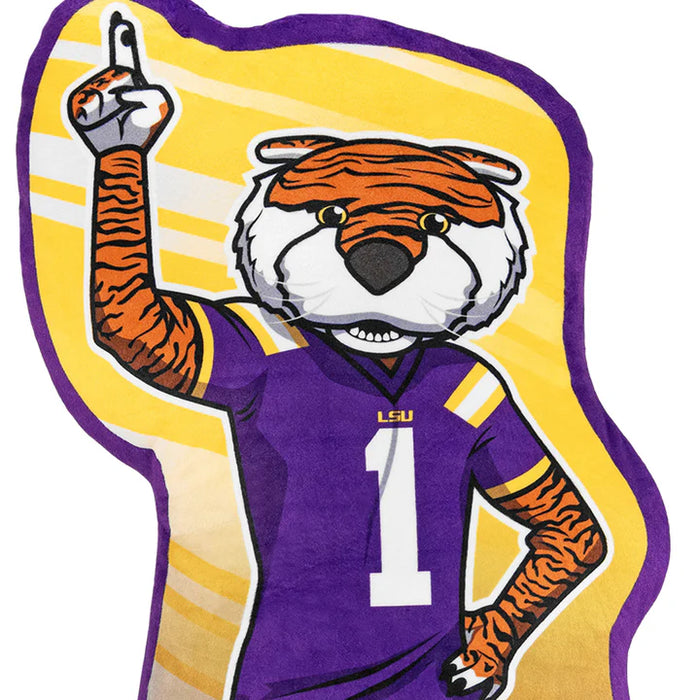 Cartoon tiger mascot in a purple jersey with number 1 on a yellow background