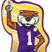 Cartoon tiger mascot in a purple jersey with number 1 on a yellow background