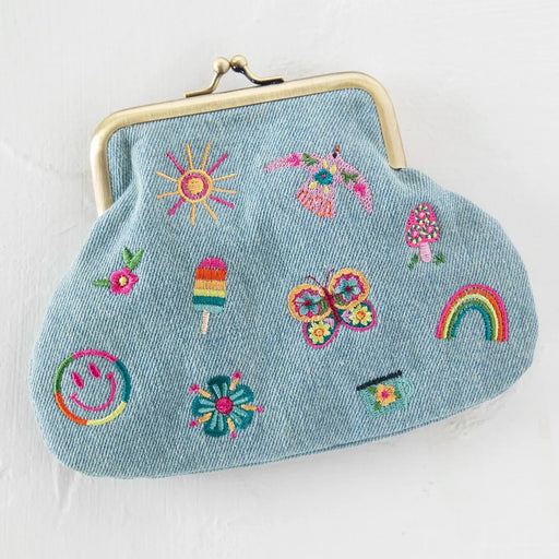 Denim Embroidered Kisslock Coin Purse