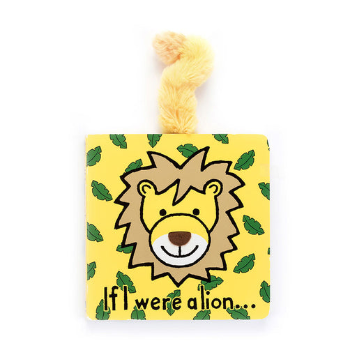 Children's book with a lion illustration on a yellow background