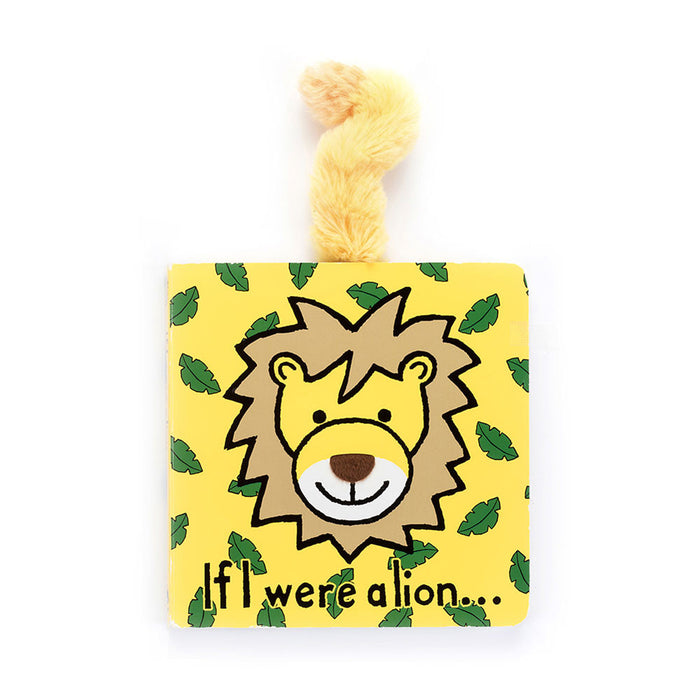 Children's book with a lion illustration on a yellow background