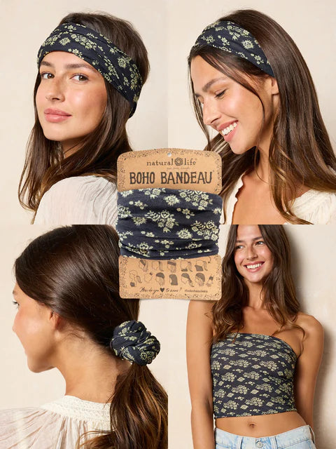 Woman wearing a floral headband and scrunchie with 'Natural Life' packaging in the center.