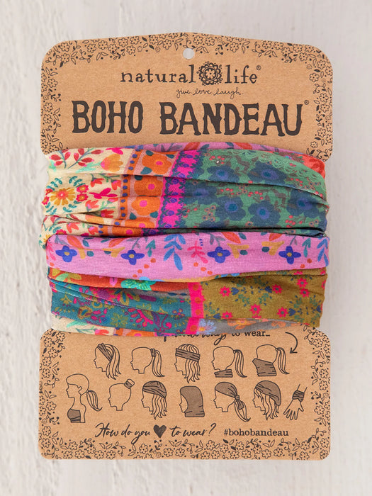 Colorful boho bandeau on a natural life branded card with patterned design.
