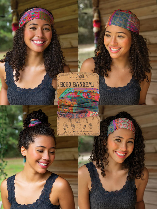 Woman wearing a colorful headband with a product packaging labeled 'Boho Bandeau' in the center.