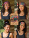 Woman wearing a colorful headband with a product packaging labeled 'Boho Bandeau' in the center.