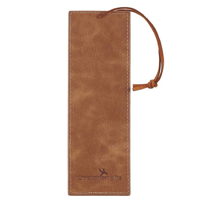 Brown leather bookmark with a visible brand logo on a white background