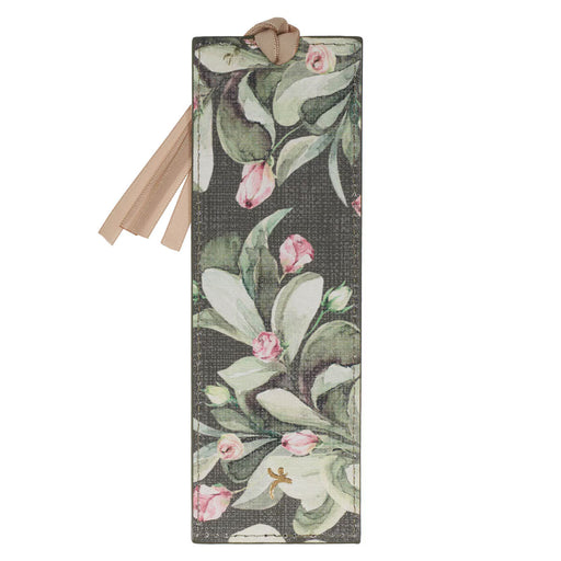 Floral patterned pouch with a strap on a white background