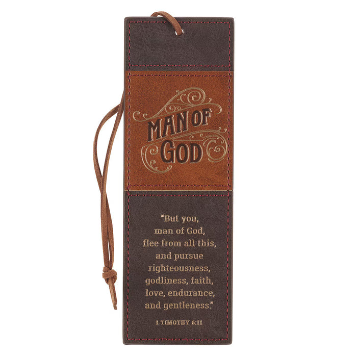 Brown leather bookmark with 'Man of God' text and a quote from 1 Timothy 6:11 on a white background