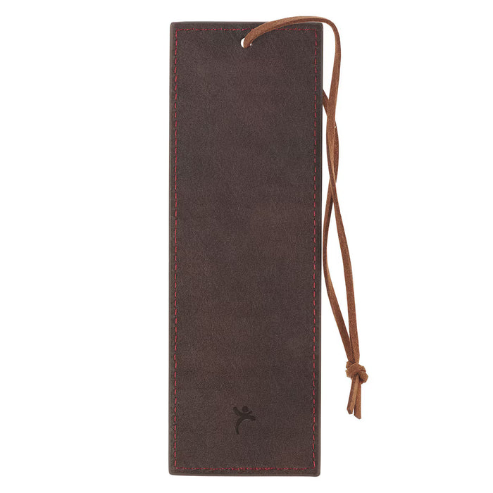 Brown leather bookmark with a string on a white background