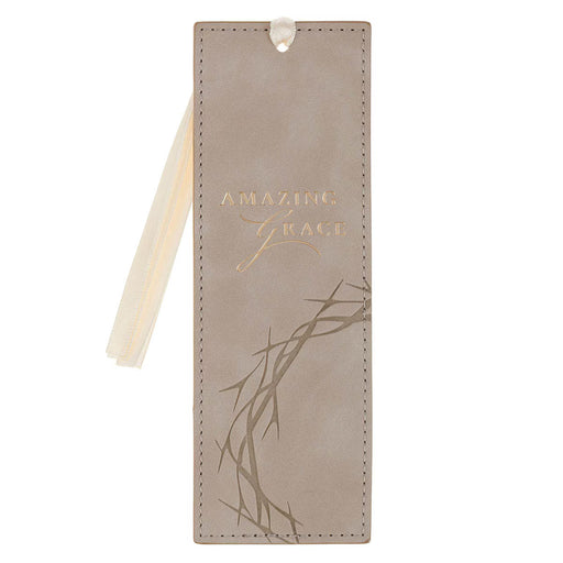 Beige leather bookmark with 'Amazing Grace' text and branch design on a white background