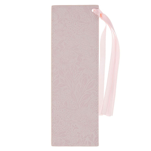 Pink textured bookmark with a ribbon on a white background