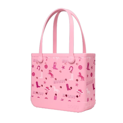 Pink tote bag with cowboy pattern on a white background