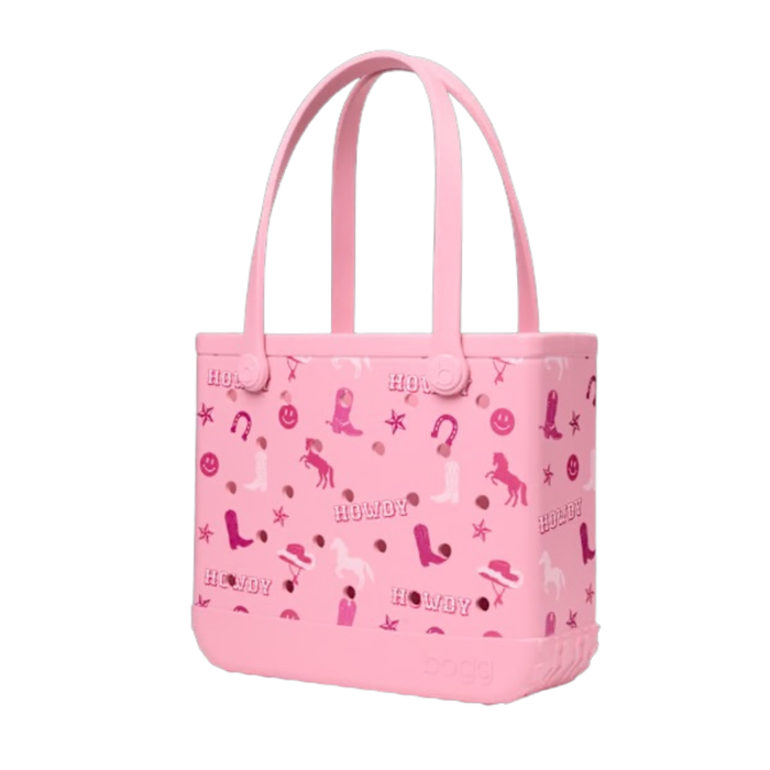 Pink tote bag with cowboy pattern on a white background