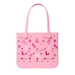 Pink handbag with various patterns on a white background