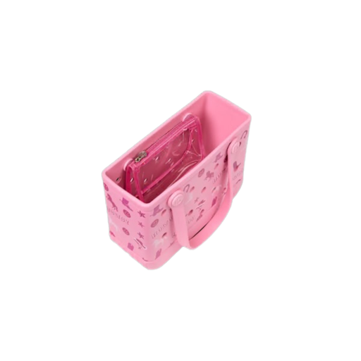 Pink plastic basket with a clear lid on a white background