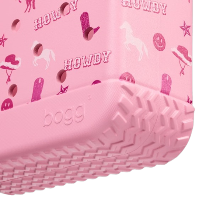 Pink bogg sandal with 'HOWDY' text and graphics on a white background