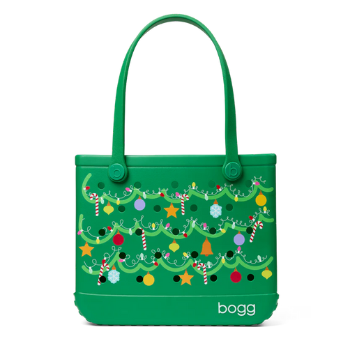 Green tote bag with Christmas tree design and 'bogg' branding on a white background