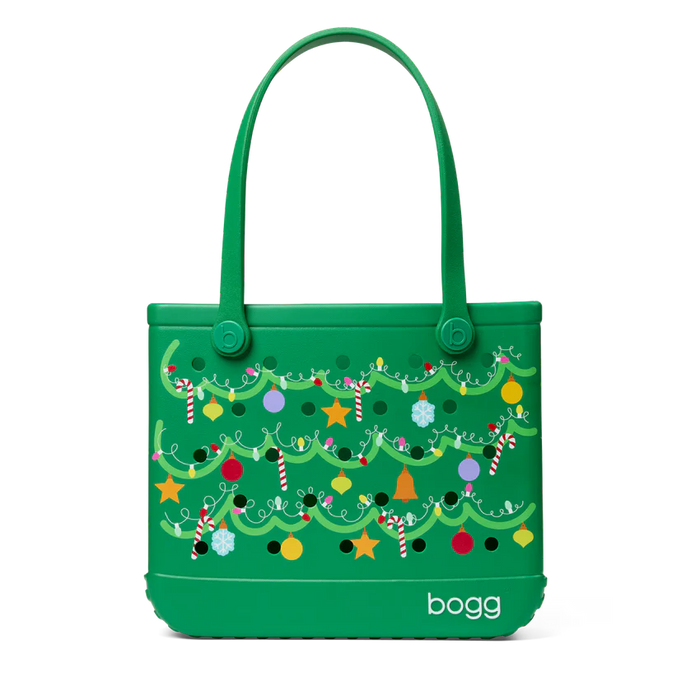 Green tote bag with Christmas tree design and 'bogg' branding on a white background