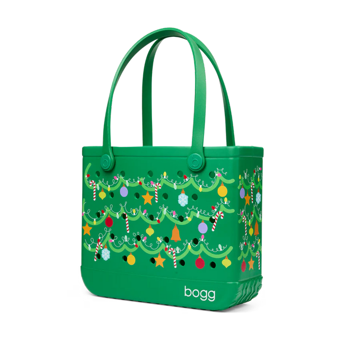 Green tote bag with festive design and 'bogg' branding on a white background