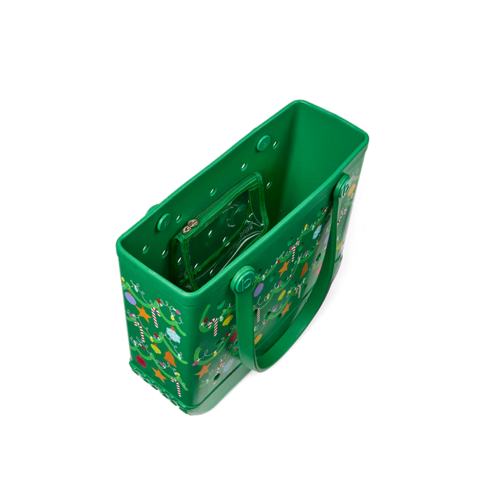 Green tool box with colorful design on a white background