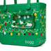 Green bogg bag with Christmas tree design and clear front pocket on a white background