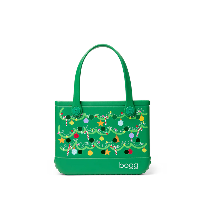 Green handbag with Christmas tree design and 'bogg' branding on a white background