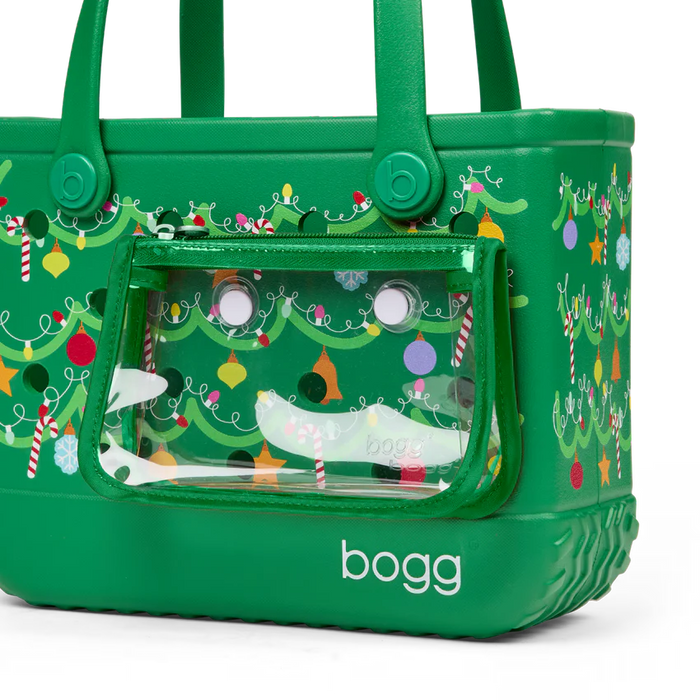 Green bogg bag with Christmas tree design on a white background