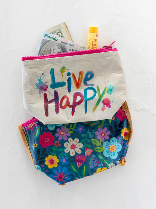 Colorful pouch with 'Live Happy' text and floral design on a white background