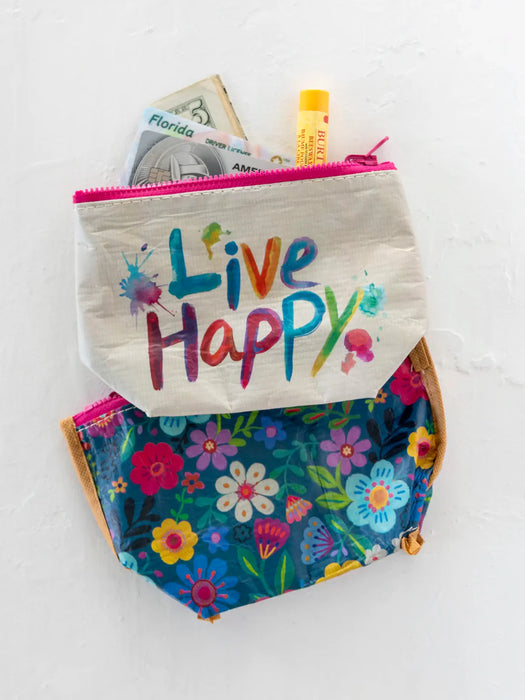 Colorful pouch with 'Live Happy' text and floral design on a white background